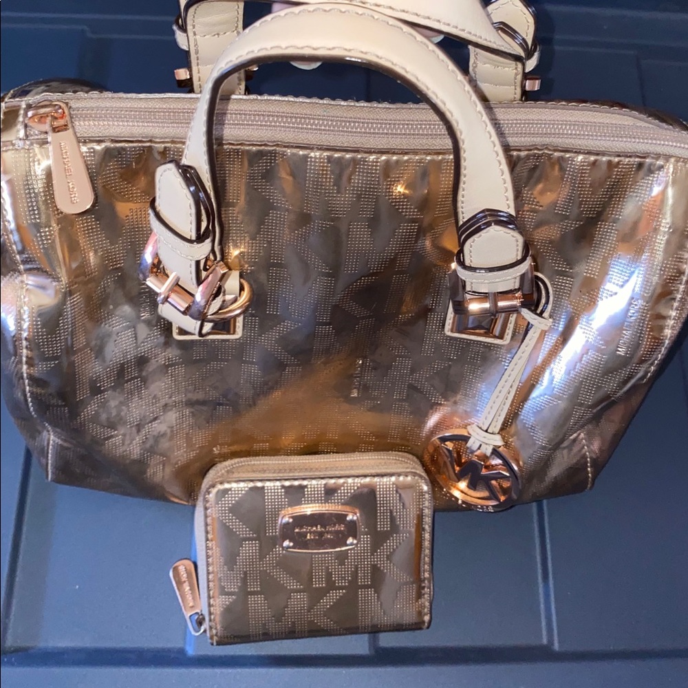 Rose Gold Metallic Michael Kors handbag and wallet